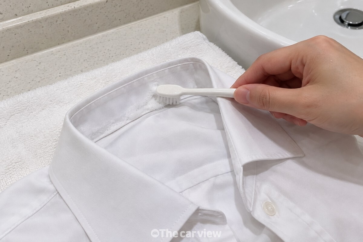 부드러운 칫솔로 셔츠 깃 결을 가볍게 문지르는 모습 / 기사 이해를 돕기 위한 생성형 이미지