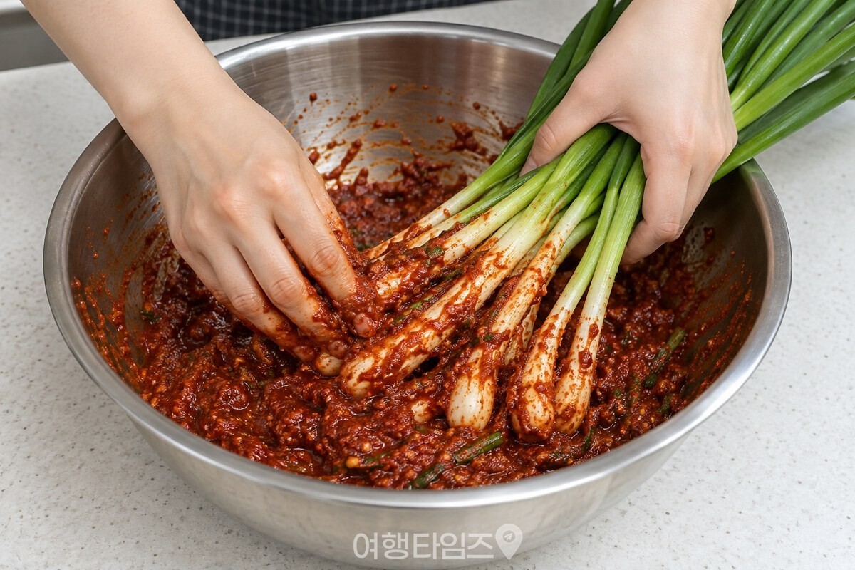 흰 뿌리부터 양념을 묻혀 버무리는 쪽파 / 기사 이해를 돕기 위한 생성형 이미지