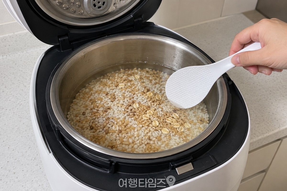씻은 쌀과 잡곡을 담은 전기밥솥 내솥 / 기사 이해를 돕기 위한 생성형 이미지