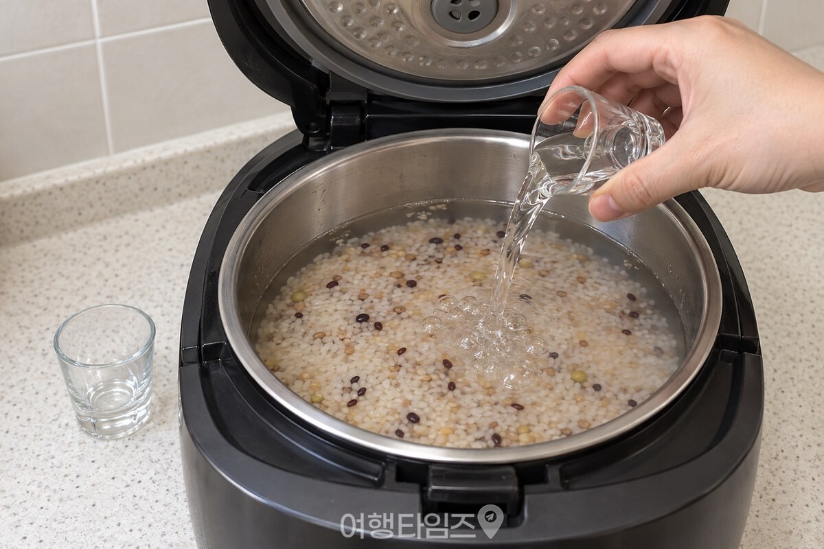 밥물에 소주를 두 잔 붓는 잡곡밥 준비 모습 / 기사 이해를 돕기 위한 생성형 이미지
