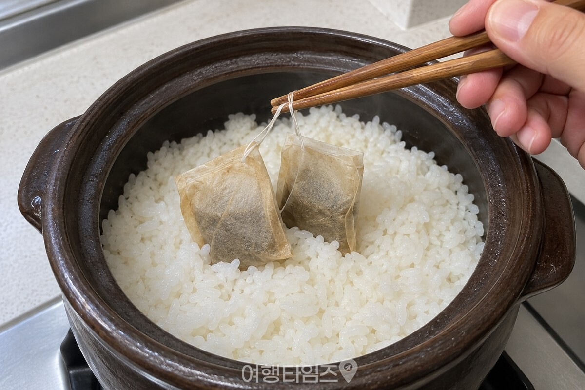 밥알 사이에 놓인 우엉차 티백을 건져 내는 모습 / 기사 이해를 돕기 위한 생성형 이미지