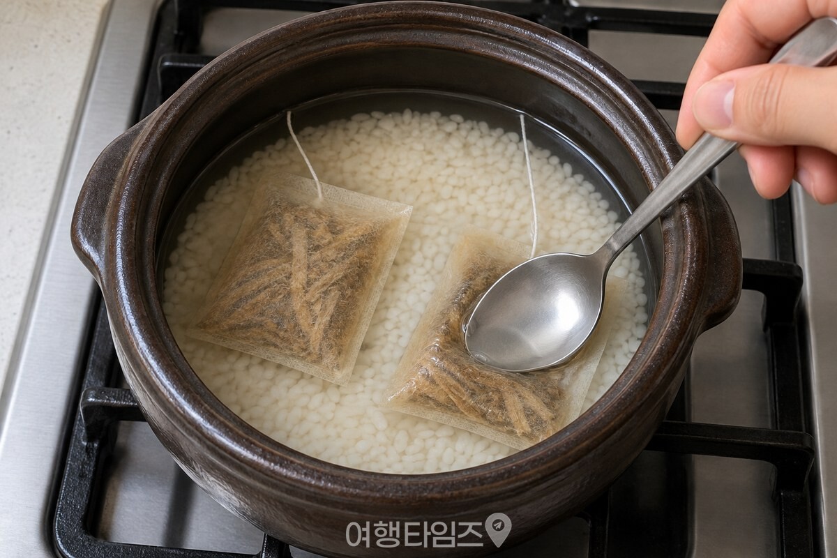 물에 잠긴 우엉차 티백을 숟가락으로 살짝 누르는 모습 / 기사 이해를 돕기 위한 생성형 이미지
