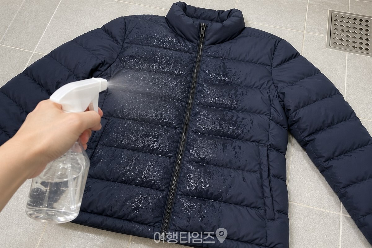 욕실 바닥에 펼친 패딩 겉면에 분무기로 물을 뿌리는 모습 / 기사 이해를 돕기 위한 생성형 이미지