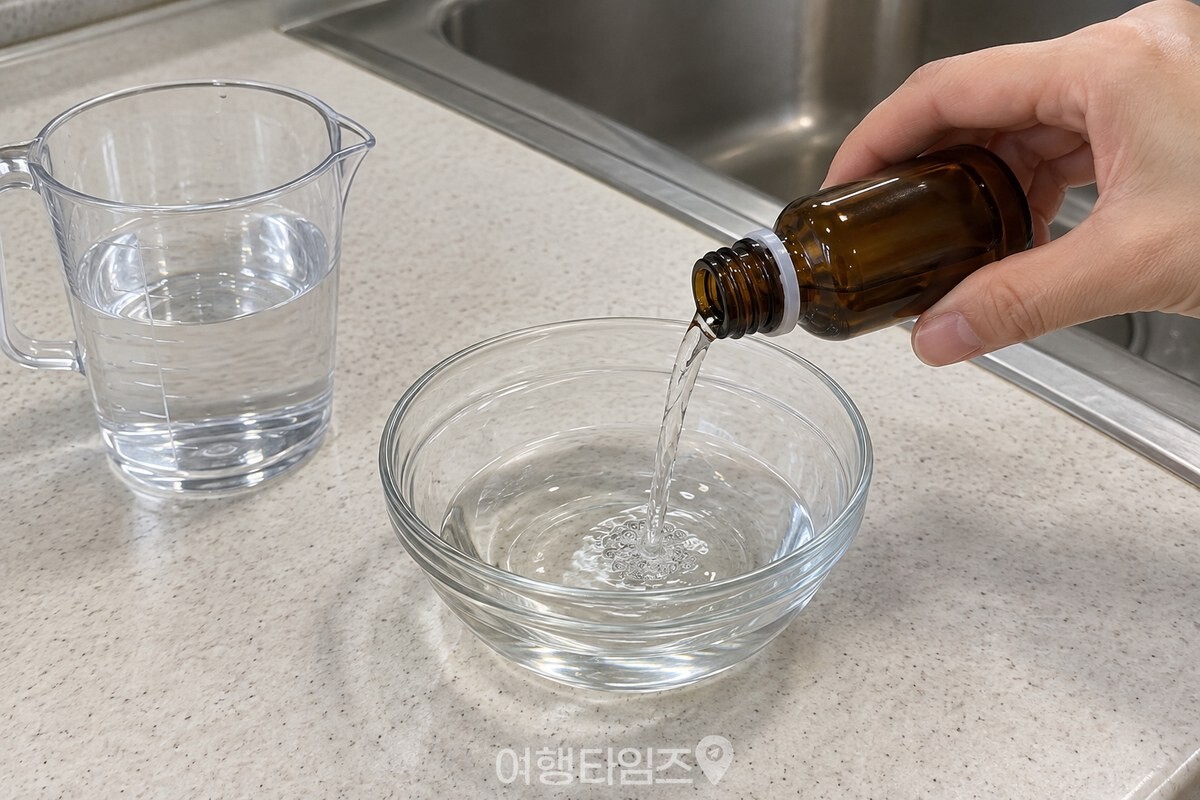 작은 유리 그릇에 과산화수소수와 물을 섞는 모습 / 기사 이해를 돕기 위한 생성형 이미지