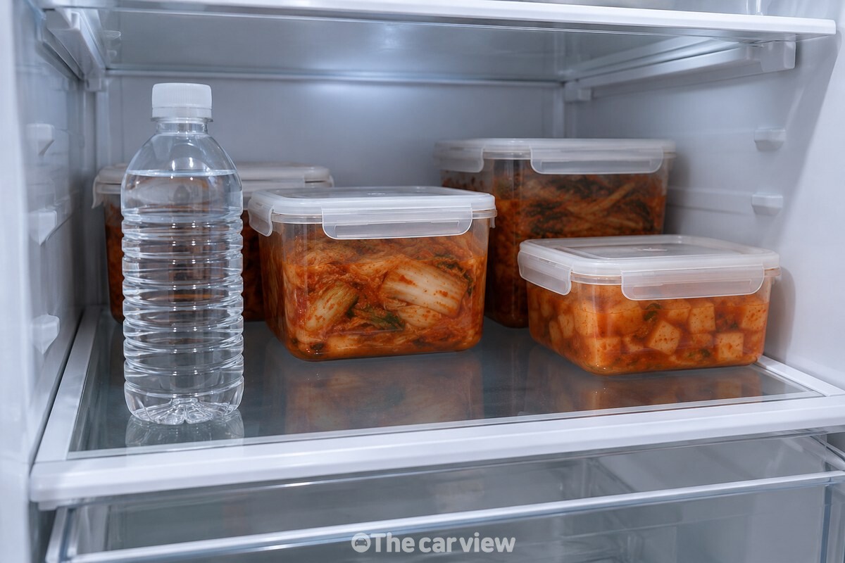 김치통과 물병이 정돈된 냉장고 안쪽 칸 / 기사 이해를 돕기 위한 생성형 이미지