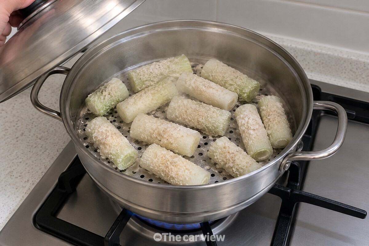 찜기 칸에 겹치지 않게 펼친 메밀가루 입힌 대파 / 기사 이해를 돕기 위한 생성형 이미지