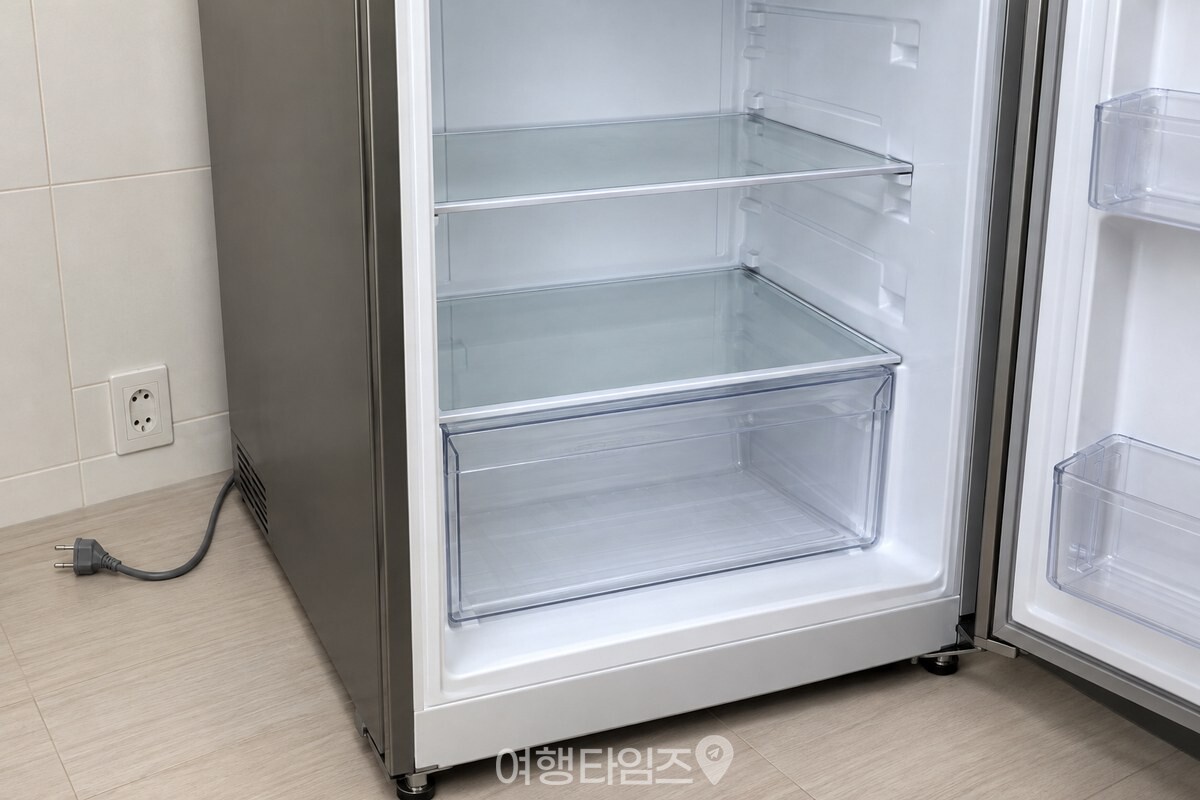 냉장고 본체에 이어진 전원 코드와 비워 둔 안쪽 선반, 문 고무패킹 / 기사 이해를 돕기 위한 생성형 이미지