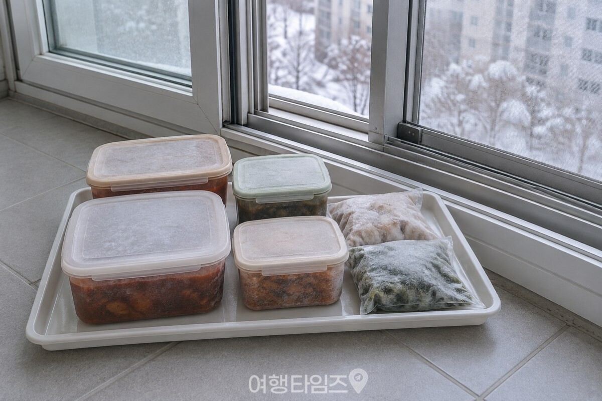 열어 둔 베란다 창가에 정리한 밀폐 반찬통과 냉동식품 / 기사 이해를 돕기 위한 생성형 이미지