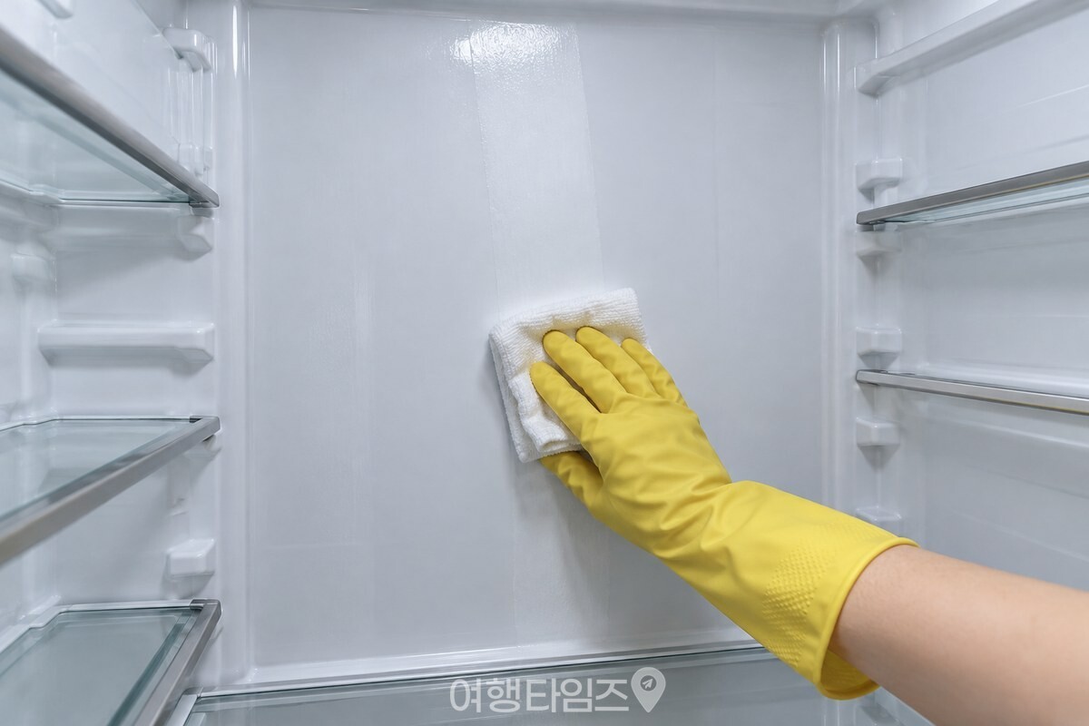 냉장고 안쪽 벽면을 위에서 아래로 마른행주로 닦는 손 / 기사 이해를 돕기 위한 생성형 이미지