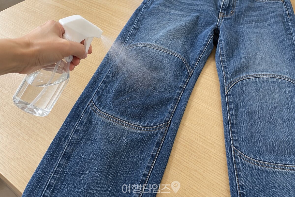 청바지 무릎 부분에 희석액을 고르게 뿌리는 모습 / 기사 이해를 돕기 위한 생성형 이미지