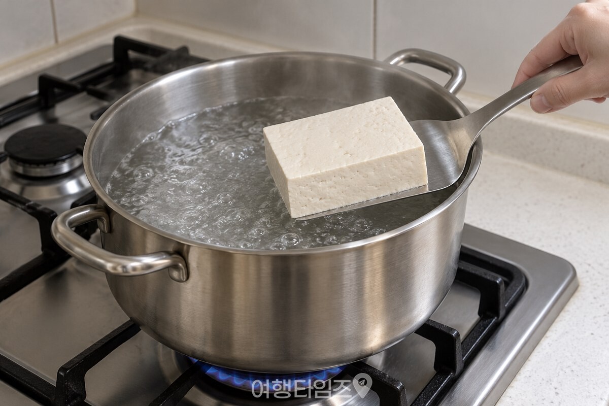 넓은 뒤집개로 끓는 냄비에 넣는 통두부 / 기사 이해를 돕기 위한 생성형 이미지