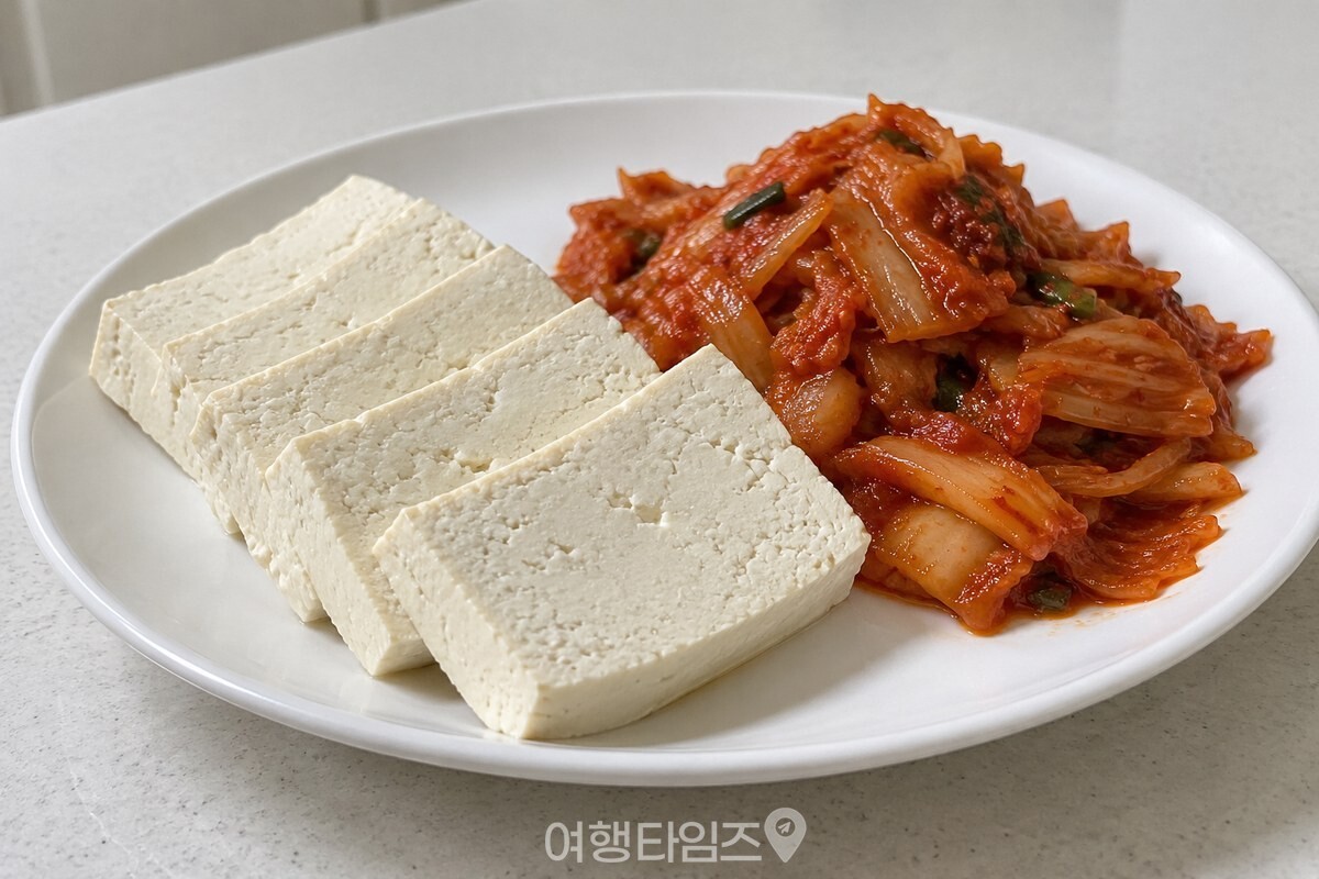 볶은 김치와 함께 놓인 담백한 두부 조각 / 기사 이해를 돕기 위한 생성형 이미지