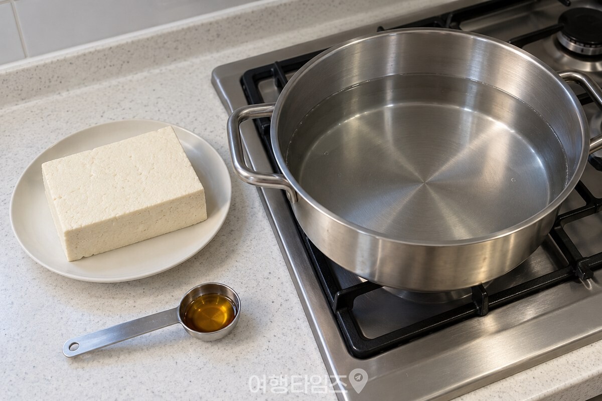 넓은 냄비와 참기름을 준비한 두부 데치기 재료 / 기사 이해를 돕기 위한 생성형 이미지