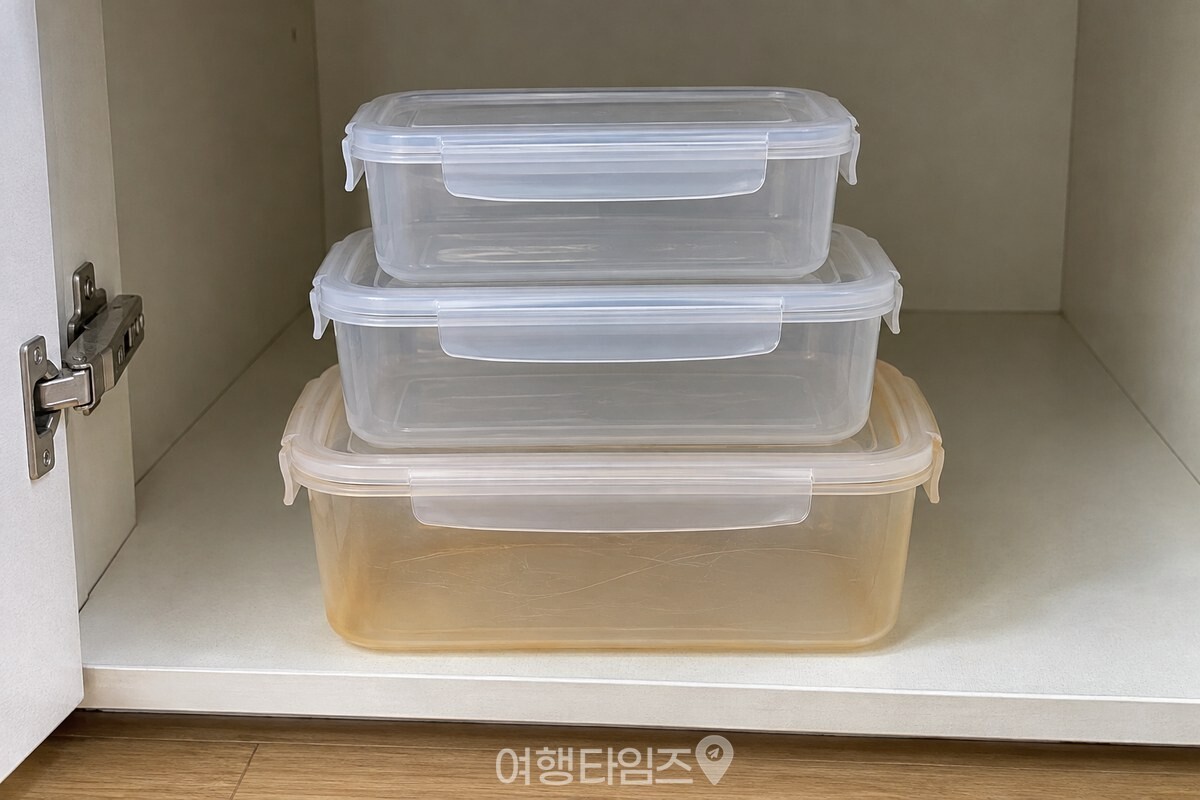 찬장 앞에 놓인 오래된 플라스틱 밀폐용기와 뚜껑 / 기사 이해를 돕기 위한 생성형 이미지