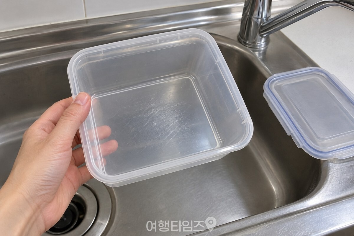 플라스틱 밀폐용기 안쪽 표면을 비춰 보는 모습 / 기사 이해를 돕기 위한 생성형 이미지