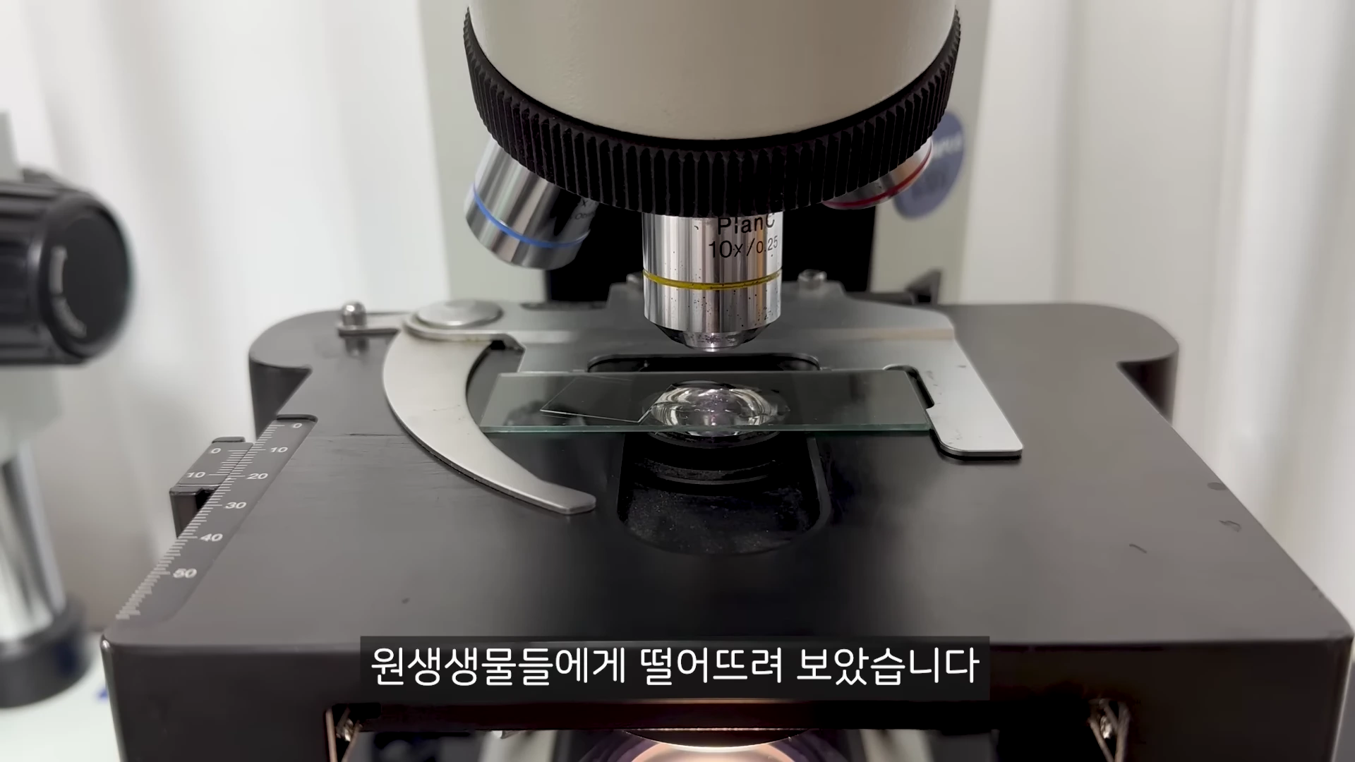 현미경 재물대 위에 놓인 슬라이드 글라스와 그 위로 조준된 대물렌즈의 모습