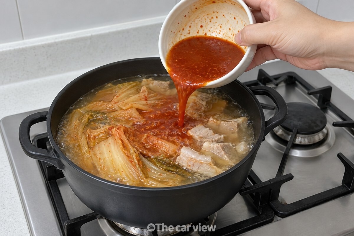 갠 양념장을 냄비의 멸치육수에 붓는 손 / 기사 이해를 돕기 위한 생성형 이미지