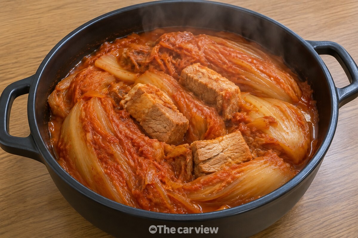 잘 익은 묵은지와 돼지고기가 담긴 묵은지찜 냄비 / 기사 이해를 돕기 위한 생성형 이미지