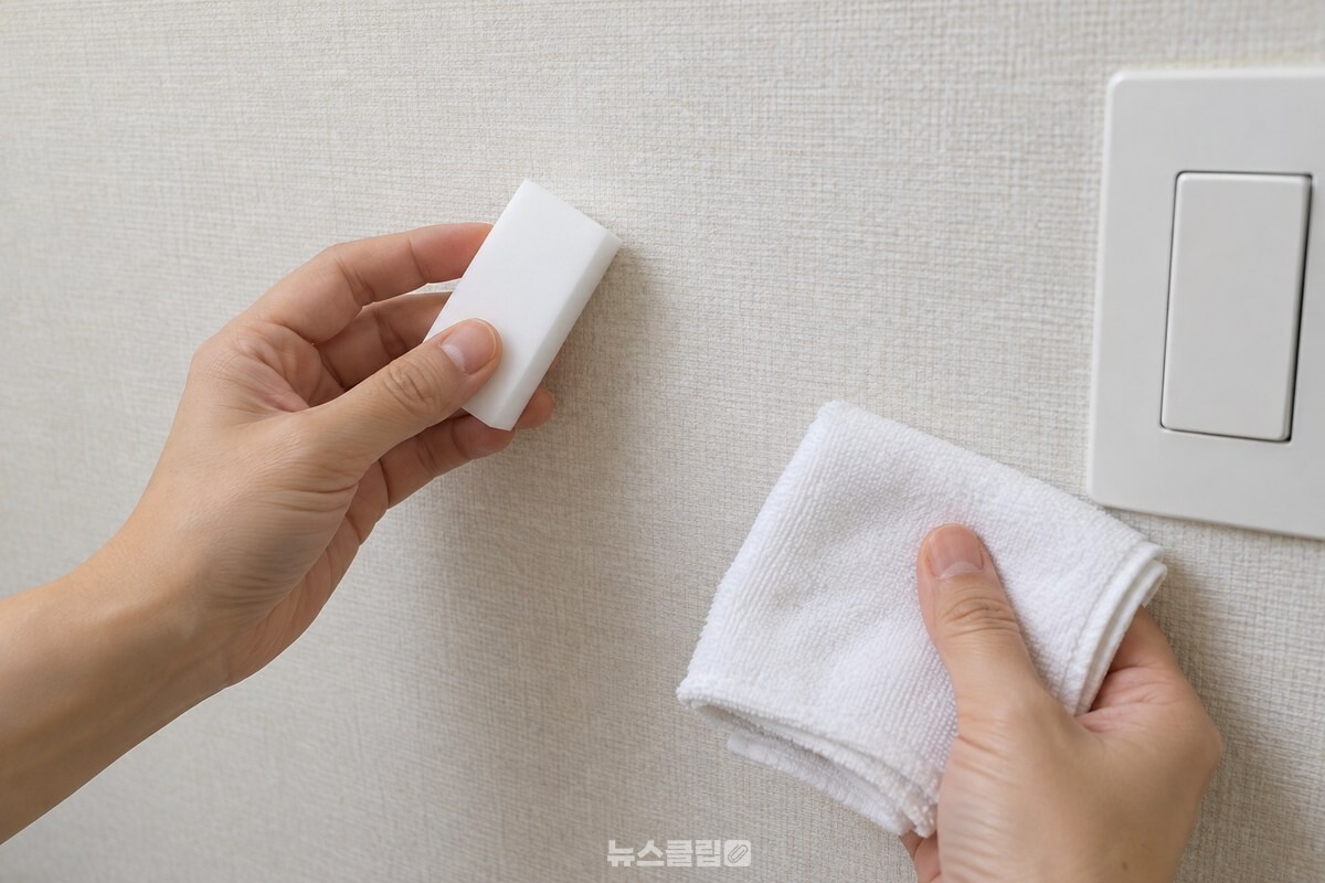 깨끗한 흰 지우개와 마른 천을 벽지 앞에 준비한 모습 / 기사 이해를 돕기 위한 생성형 이미지