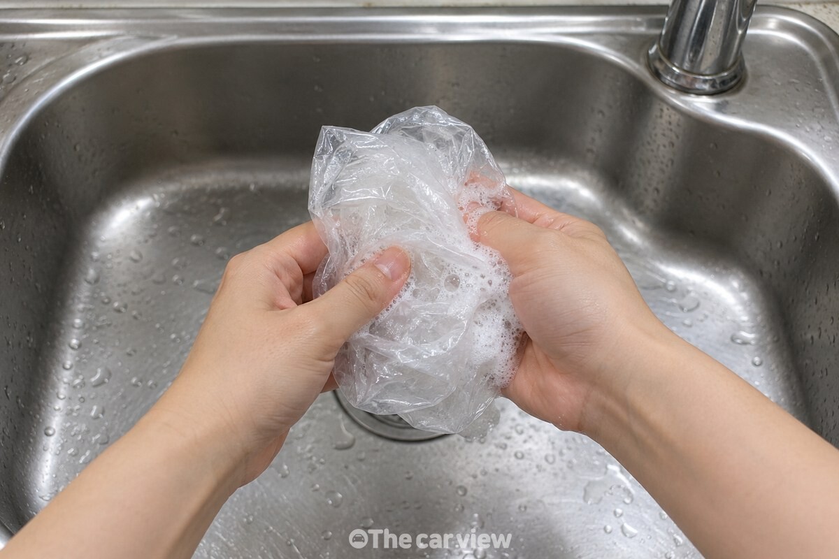세제를 묻힌 비닐 뭉치를 손으로 주무르는 모습 / 기사 이해를 돕기 위한 생성형 이미지