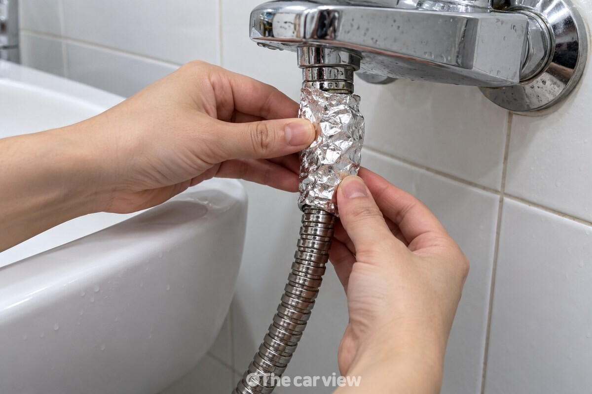 치약을 바른 샤워기 줄 마디에 쿠킹호일을 감싼 모습 / 기사 이해를 돕기 위한 생성형 이미지