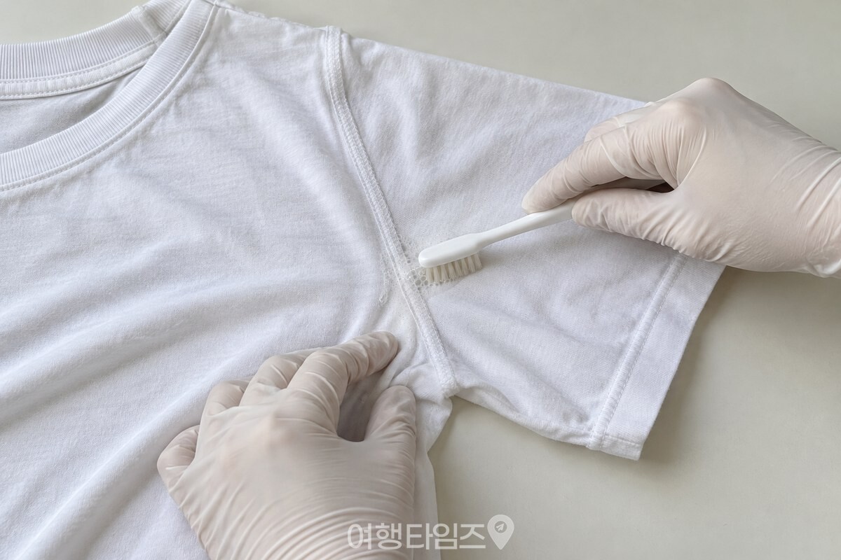 겨드랑이 안쪽에 면봉으로 소량을 바른 뒤 부드러운 칫솔로 문지르는 모습 / 기사 이해를 돕기 위한 생성형 이미지