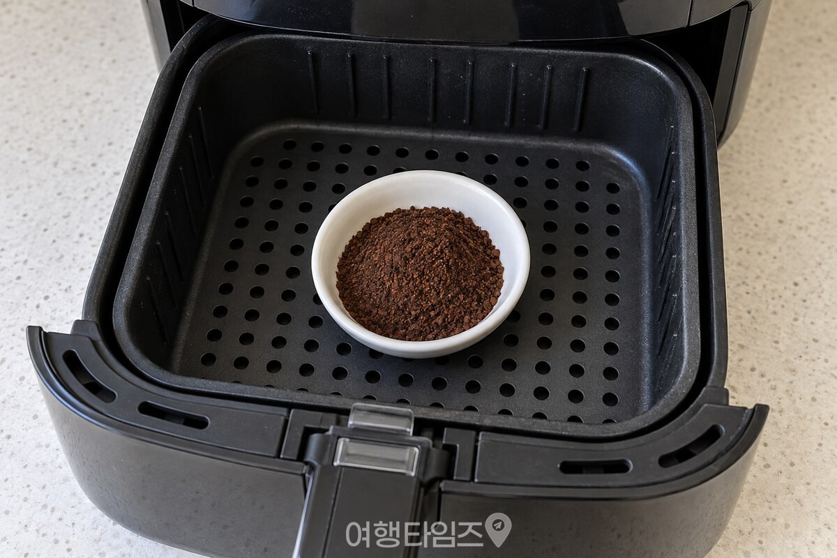 바스켓 한가운데 작은 그릇째 놓은 마른 커피 찌꺼기 / 기사 이해를 돕기 위한 생성형 이미지