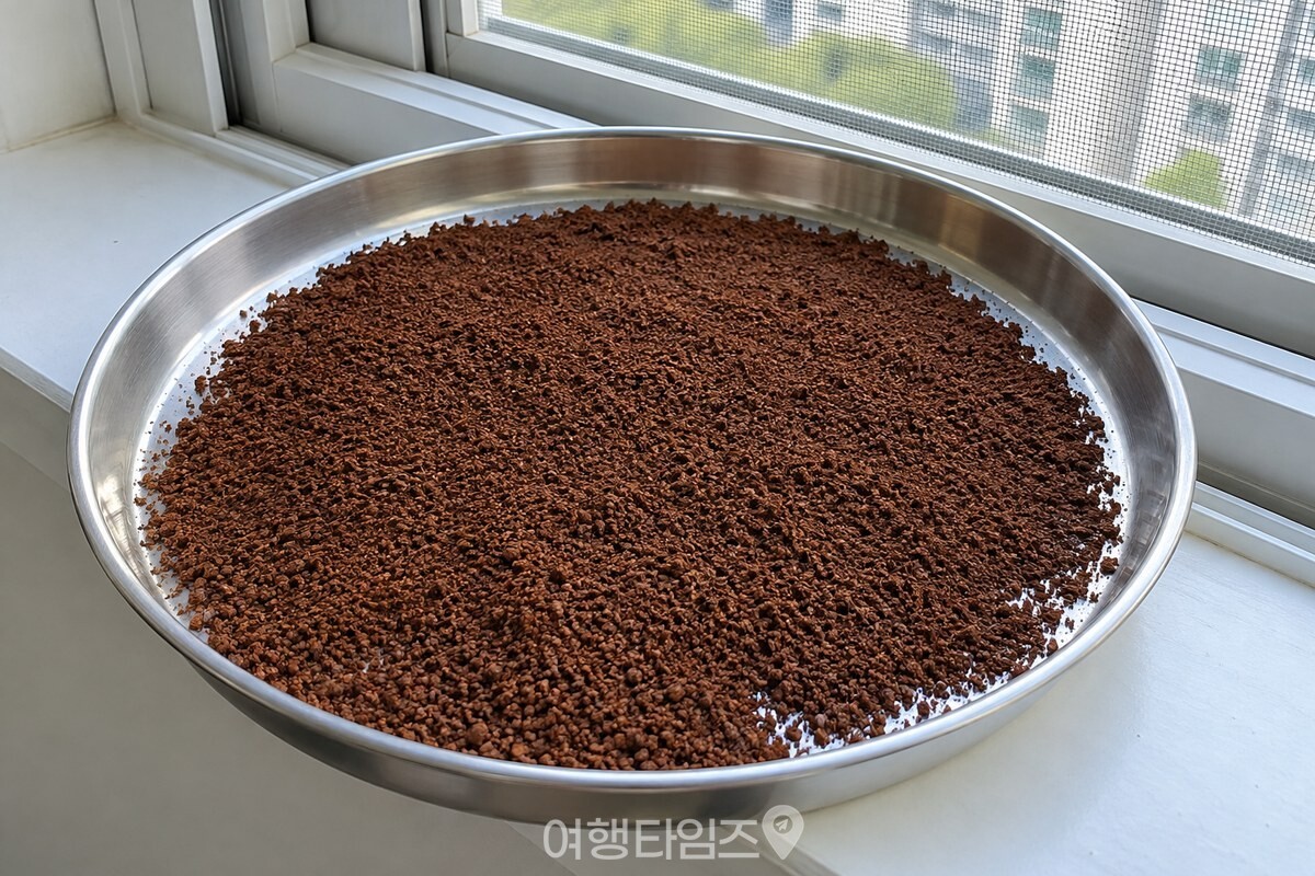쟁반에 얇게 펴 바람에 말리는 커피 찌꺼기 / 기사 이해를 돕기 위한 생성형 이미지