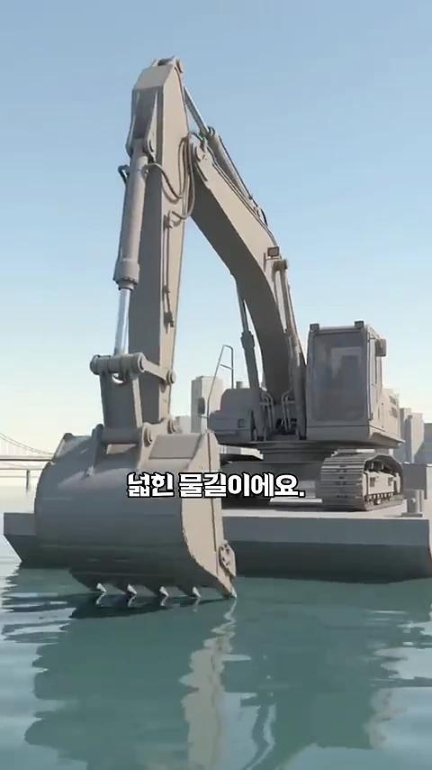 물 위에 떠 있는 바지선 위에 굴착기가 배치되어 있고 화면 중앙에 넓힌 물길이에요라는 자막이 표시되어 있다.