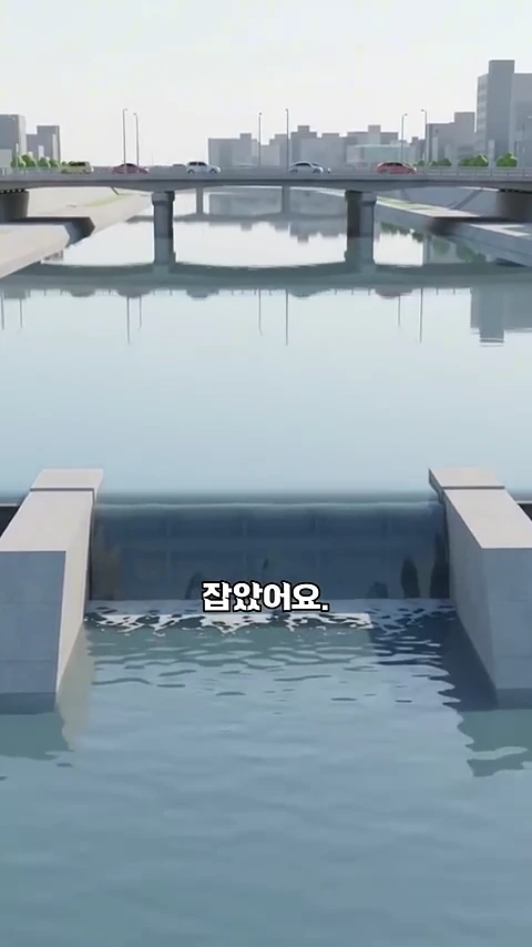 강을 가로지르는 낮은 보와 그 뒤로 보이는 도시의 교량 및 도로의 모습을 담은 3D 그래픽 영상 화면.