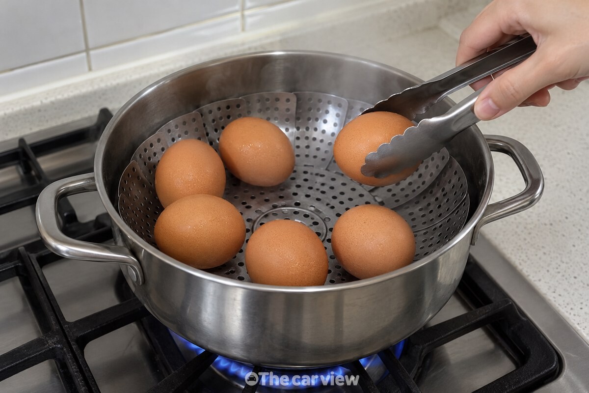 집게로 찜기 위에 달걀을 하나씩 옮기는 손 / 기사 이해를 돕기 위한 생성형 이미지