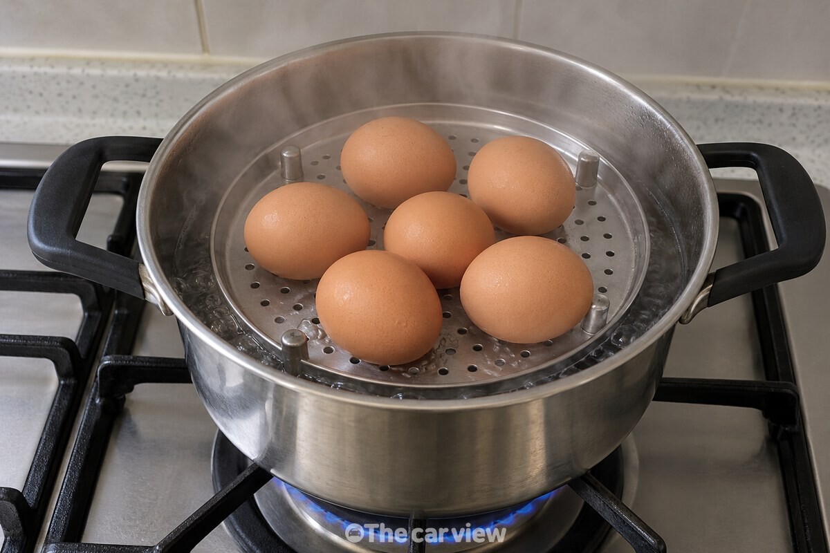 팔팔 끓는 냄비 위 찜기에 한 겹으로 놓인 달걀 / 기사 이해를 돕기 위한 생성형 이미지