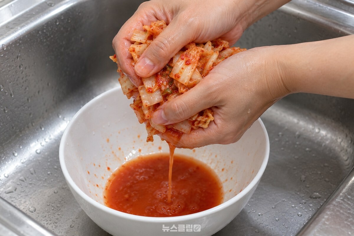 김치 국물을 가볍게 짜는 손과 잘게 썬 김치 / 기사 이해를 돕기 위한 생성형 이미지