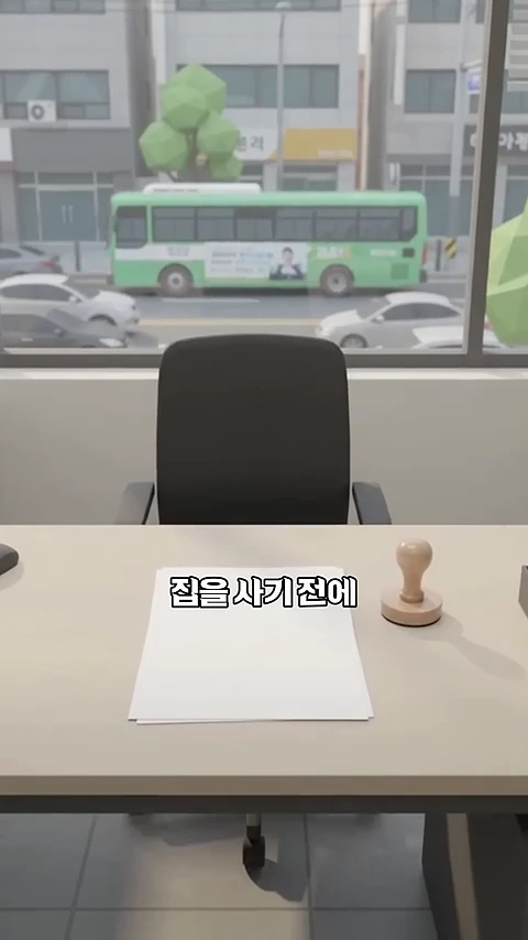 사무실 책상 위에 놓인 백지와 도장 위로 '집을 사기 전에'라는 한국어 문구가 적힌 영상 화면