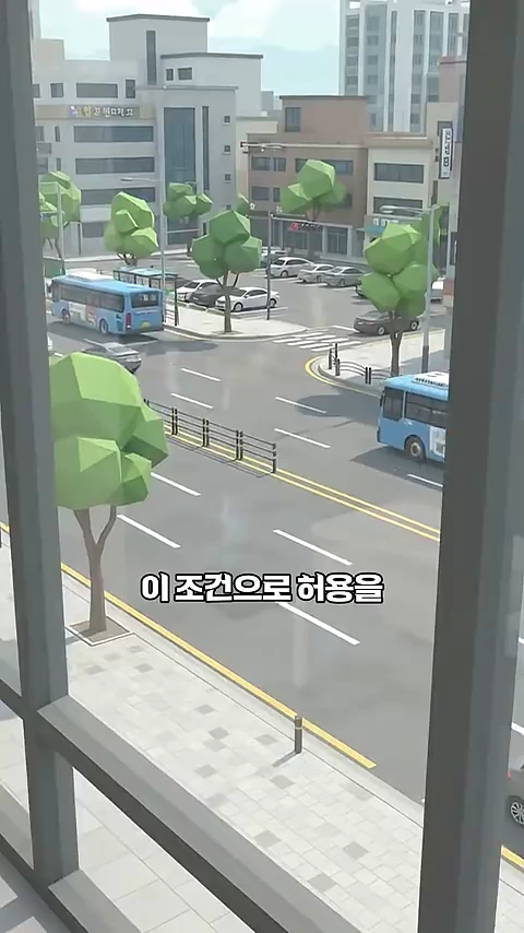 창문을 통해 내려다본 도로와 건물의 모습이 저해상도 3D 그래픽으로 구현되어 있으며 중앙에 '이 조건으로 허용을'이라는 자막이 배치되어 있다.