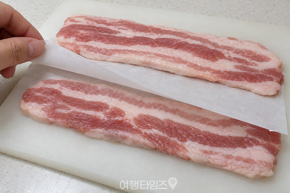 삼겹살 두 줄 사이에 종이호일 한 겹을 둔 모습 / 기사 이해를 돕기 위한 생성형 이미지