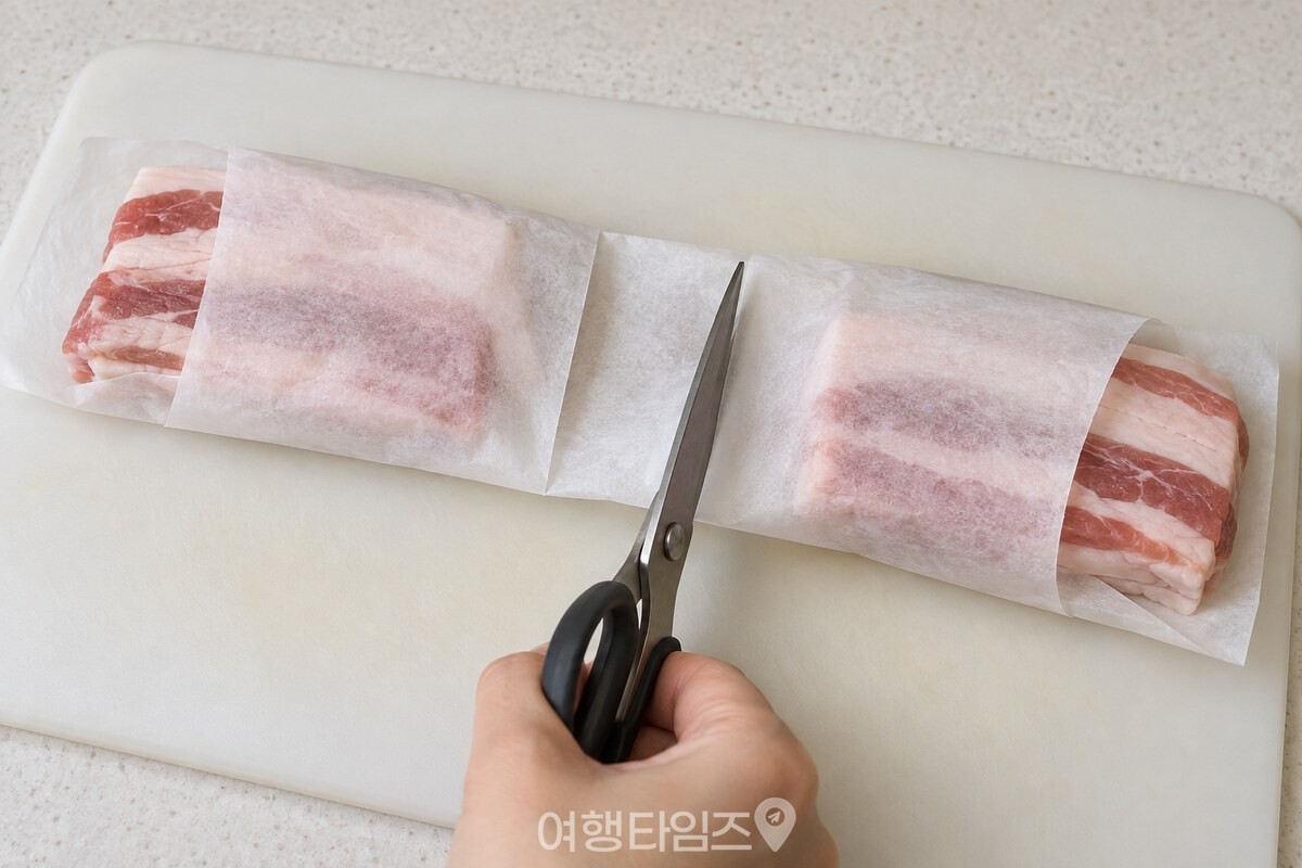 간격을 둔 삼겹살 사이의 종이호일을 가위로 자르는 모습 / 기사 이해를 돕기 위한 생성형 이미지
