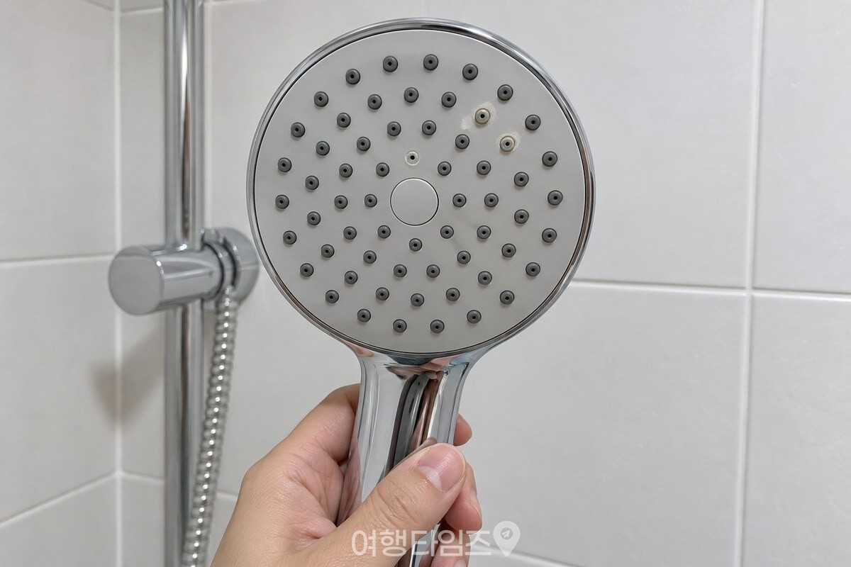 구멍 둘레에 옅은 하얀 테두리가 보이는 샤워기 헤드 / 기사 이해를 돕기 위한 생성형 이미지