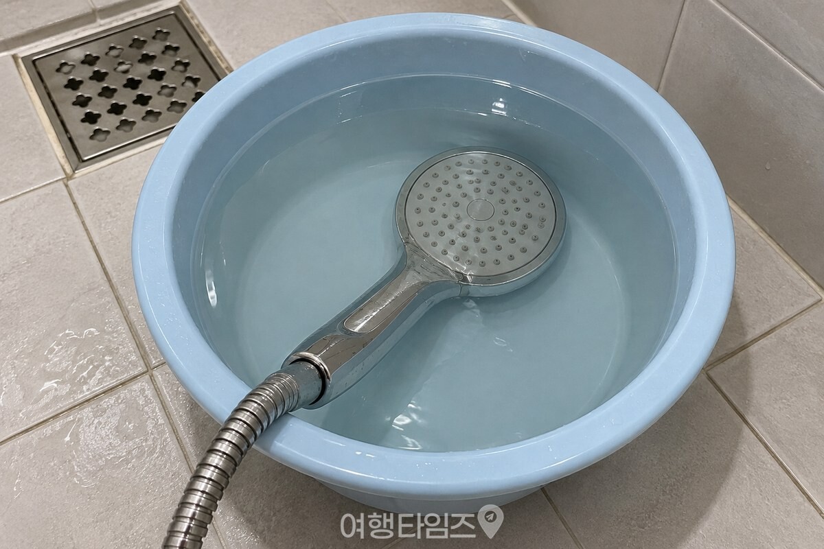따뜻한 물과 식초를 섞은 대야에 담근 샤워기 헤드 / 기사 이해를 돕기 위한 생성형 이미지