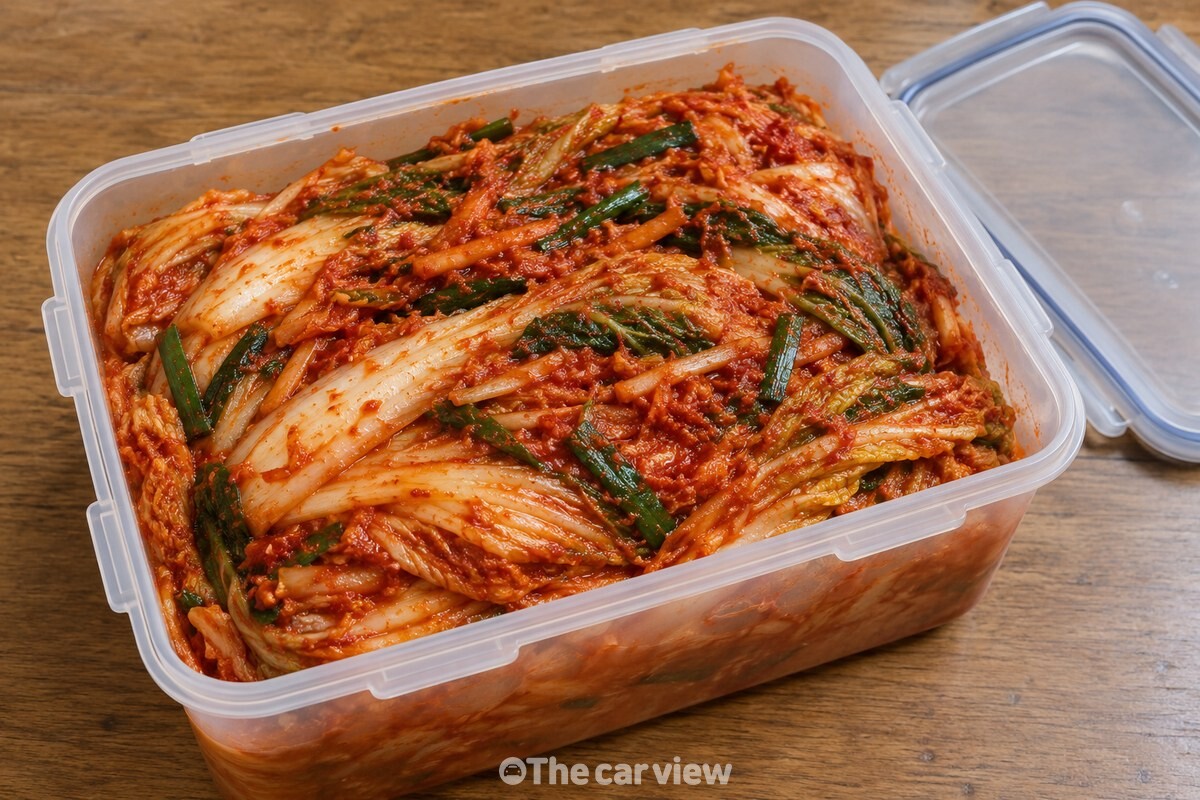 김치통에 담아낸 붉은 배추김치 / 기사 이해를 돕기 위한 생성형 이미지