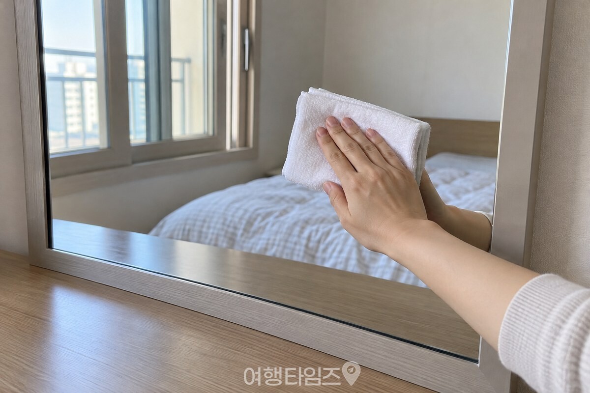 접은 극세사 천으로 거울을 한 방향으로 닦는 모습 / 기사 이해를 돕기 위한 생성형 이미지