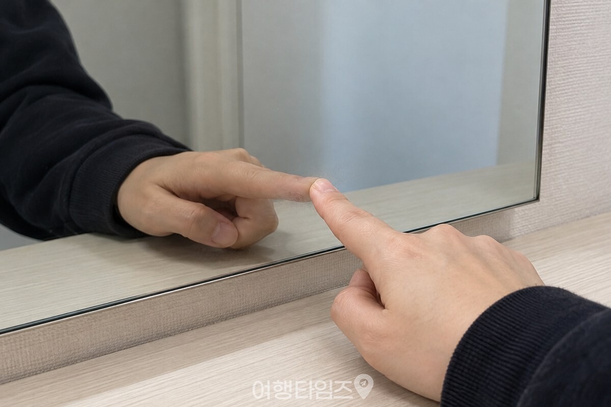 거울 아랫부분을 손끝으로 가볍게 확인하는 모습 / 기사 이해를 돕기 위한 생성형 이미지