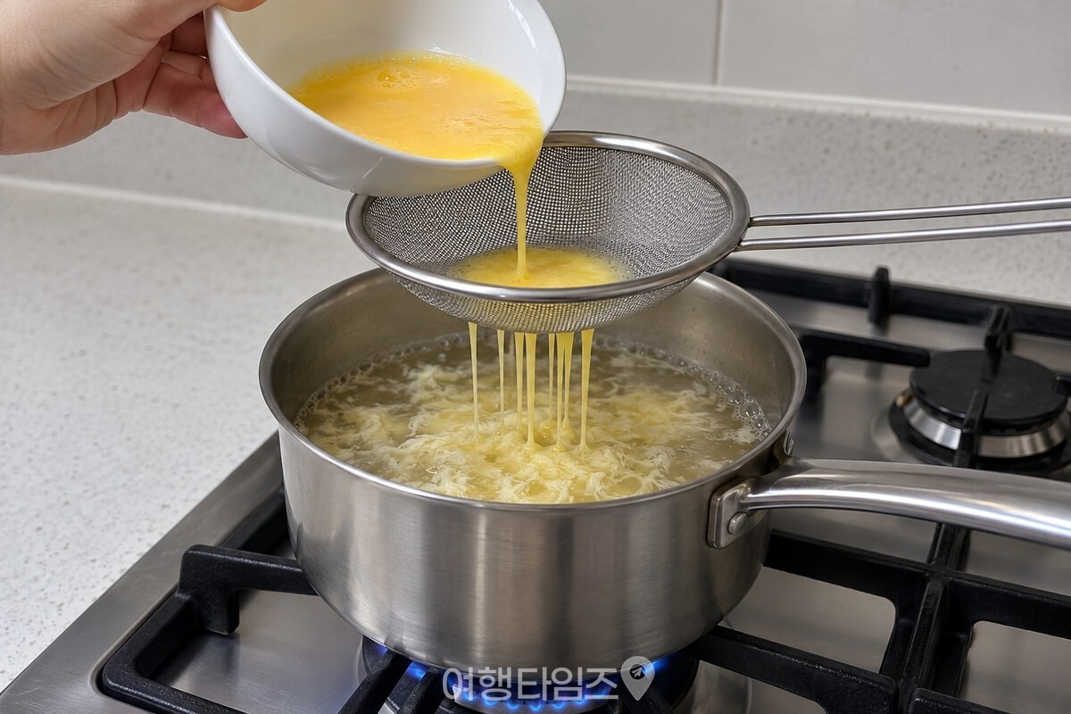 끓는 국물 위에 올린 촘촘한 스테인리스 채망과 달걀물 / 기사 이해를 돕기 위한 생성형 이미지