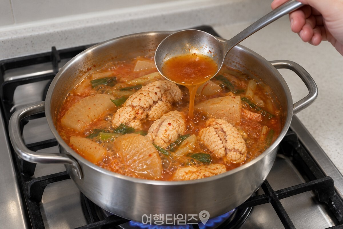 익은 청어알 위로 국물을 살살 끼얹는 모습 / 기사 이해를 돕기 위한 생성형 이미지