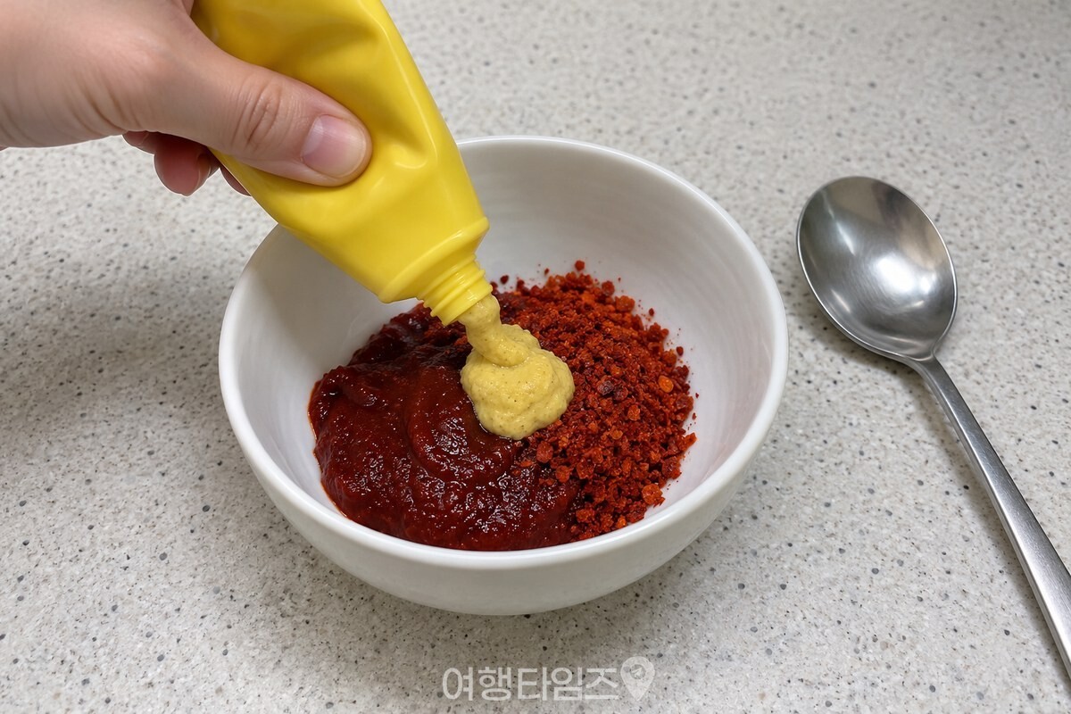 양념장에 연겨자를 짜 넣는 손 / 기사 이해를 돕기 위한 생성형 이미지
