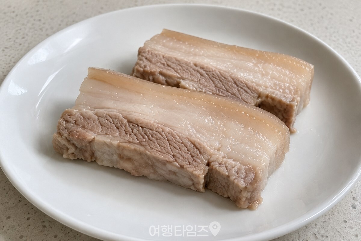 삶은 수육 단면의 껍질과 비계 층 / 기사 이해를 돕기 위한 생성형 이미지