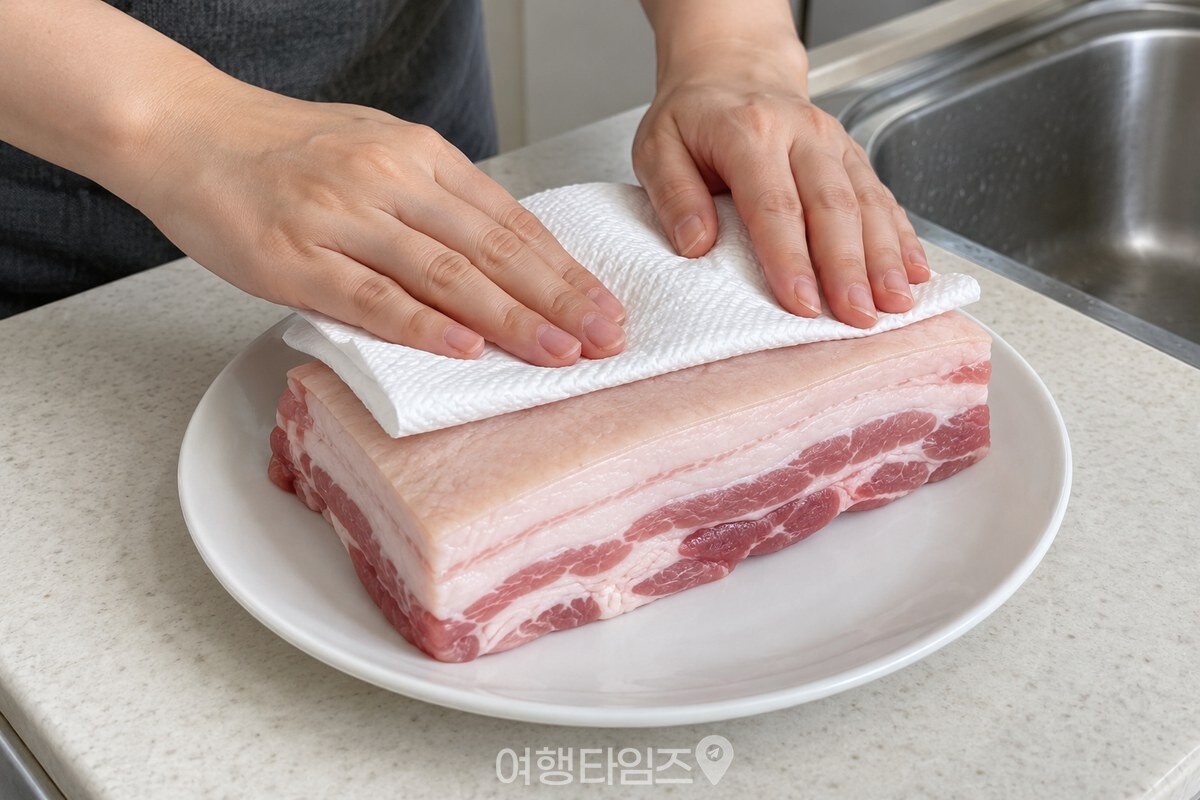 키친타월로 물기를 닦은 수육용 돼지고기 덩어리 / 기사 이해를 돕기 위한 생성형 이미지