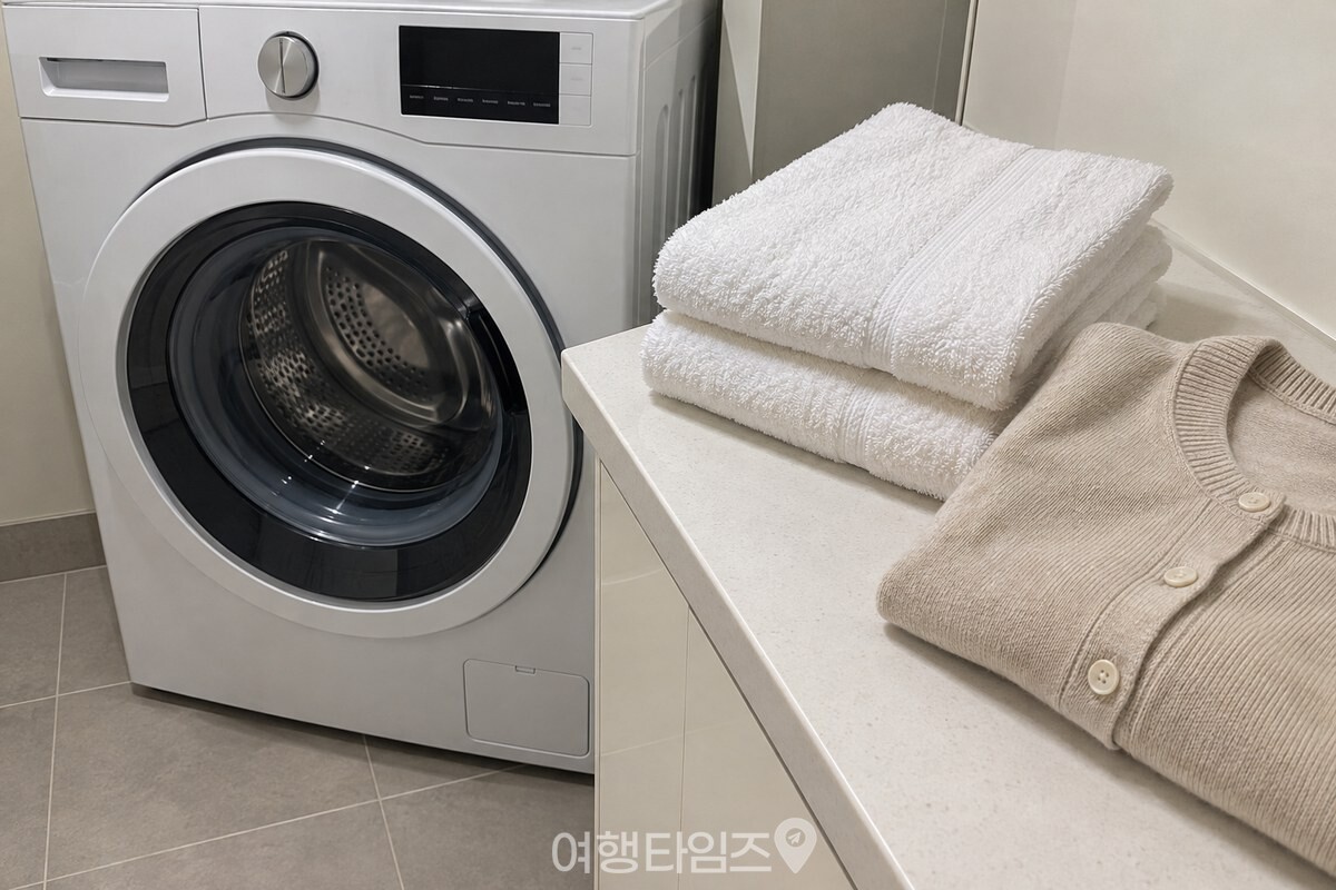 세탁기 앞에 놓인 부드러운 수건과 가디건 빨래 / 기사 이해를 돕기 위한 생성형 이미지