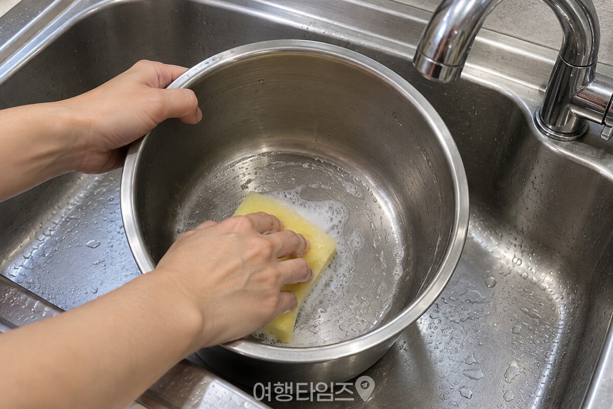 부드러운 스펀지로 내솥 바닥을 닦는 모습 / 기사 이해를 돕기 위한 생성형 이미지