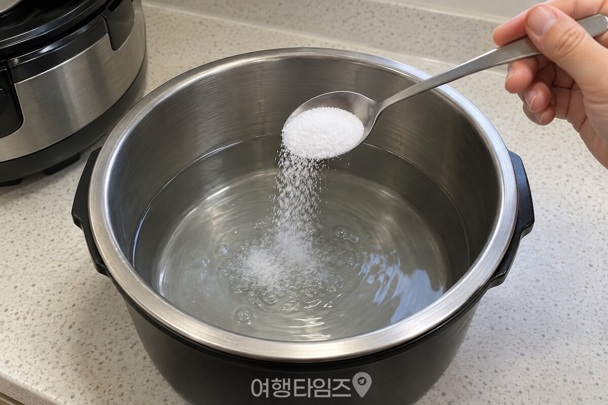 미지근한 물이 담긴 내솥에 구연산 가루를 넣는 모습 / 기사 이해를 돕기 위한 생성형 이미지